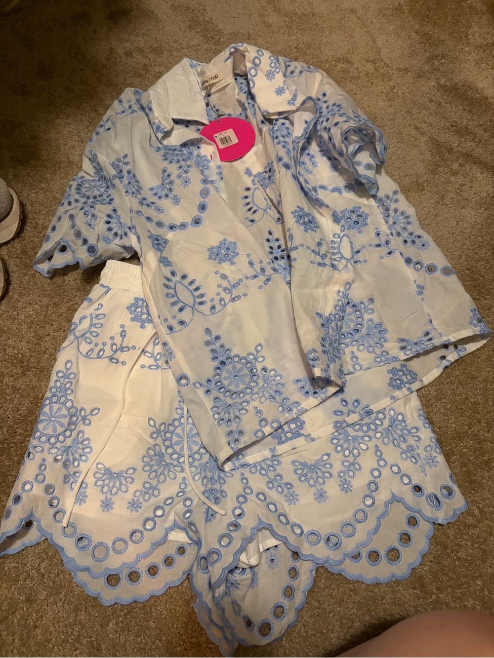 Main Strip White Dress with Light Blue Floral Eyelet Embroidery